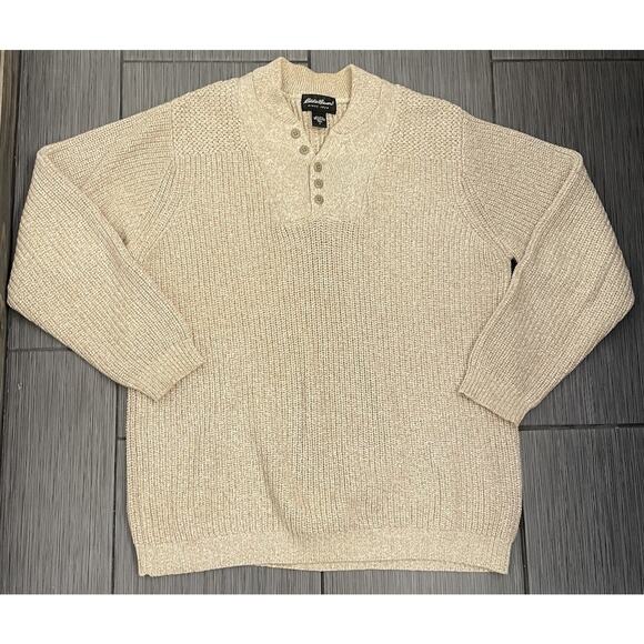 Eddie Bauer Heritage Sweater Mens Beige Heavy Cotton Henley Mock Neck Large Tall - Picture 1 of 4